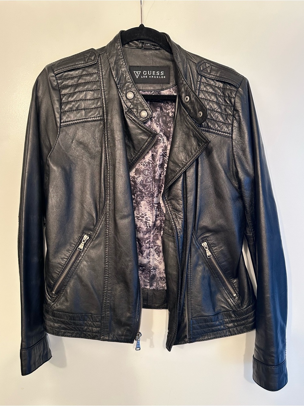 GUESS Black Quilted Shoulder Leather Moto Jacket